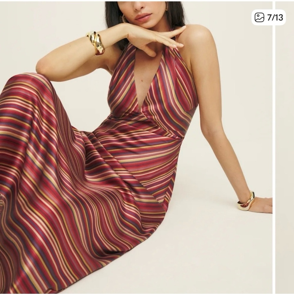Reformation Red Multi-Stripe Halter Maxi Dress - Picture 2 of 2